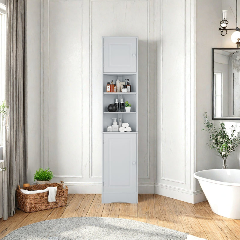 Multi-Functional Corner Cabinet Tall Bathroom Storage Cabinet With Two Doors And Adjustable Shelves, Gray