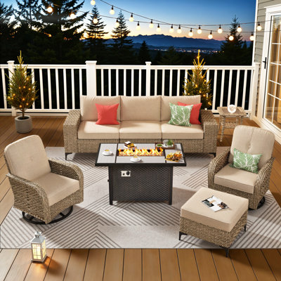 6 - Person Patio Furniture Set With Swivel Rocker, Outdoor Wicker Rattan Sectional Seating Group With Cushions, All Weather Sofa Conversation Set With Fire Pit Table For Garden Backyard