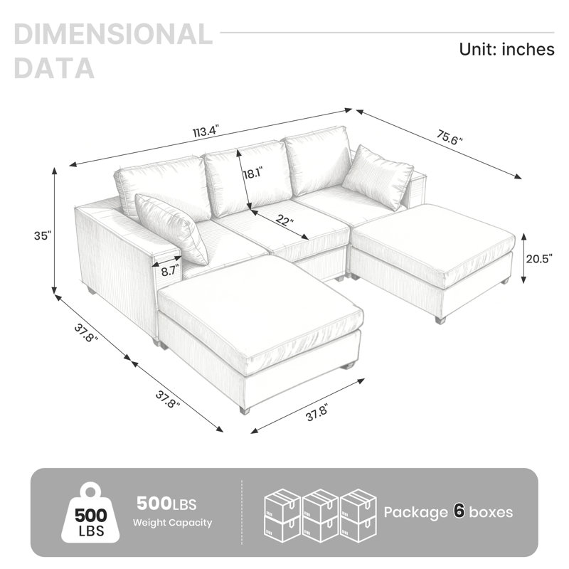 Canapé d'angle rembourré avec 2 repose-pieds, H 26 po x l 113,3 po x P 37,8 po, Gris chenille