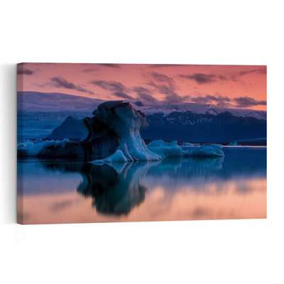 Pink Sky Iceberg Lagoon Colorful Dramatic Ethereal Landscape Nature Wall Art Print 1 Piece Wrapped Canvas Wall Art