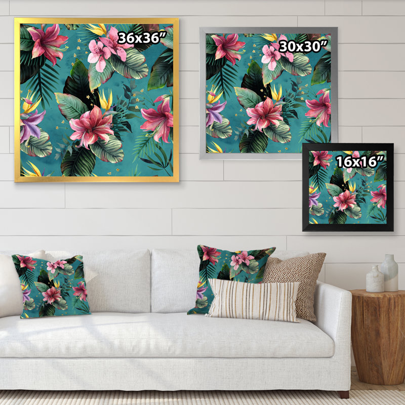«Pink Tropical Flowers On Teal», reproduction d'art sur toile traditionnelle, H 16 po x l 16 po x P 1 po, Cadre photo argenté