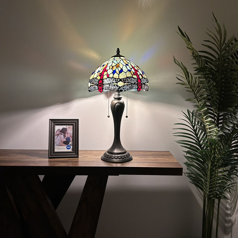 Gleb Tiffany Table Lamp Stained Glass Dragonfly LED Bulbs Included 12'W*12"D*22"H, Jade Green
