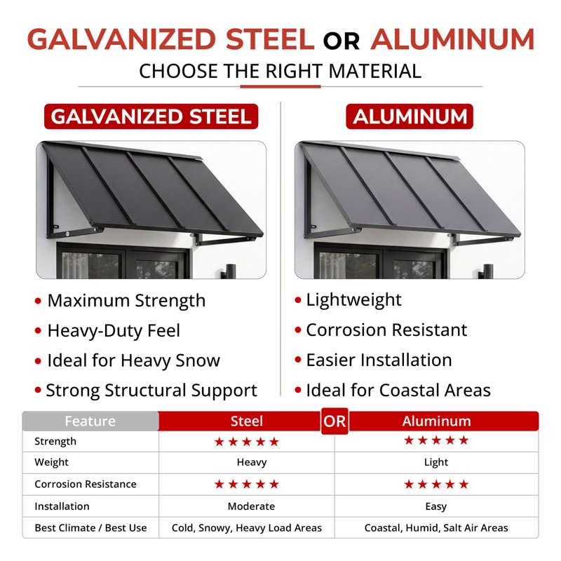 Awntech Houstonian Standing Seam Metal Fixed Awning with Open Sides, Black, 24" H x 56" W x 24" D, Galvanized Steel