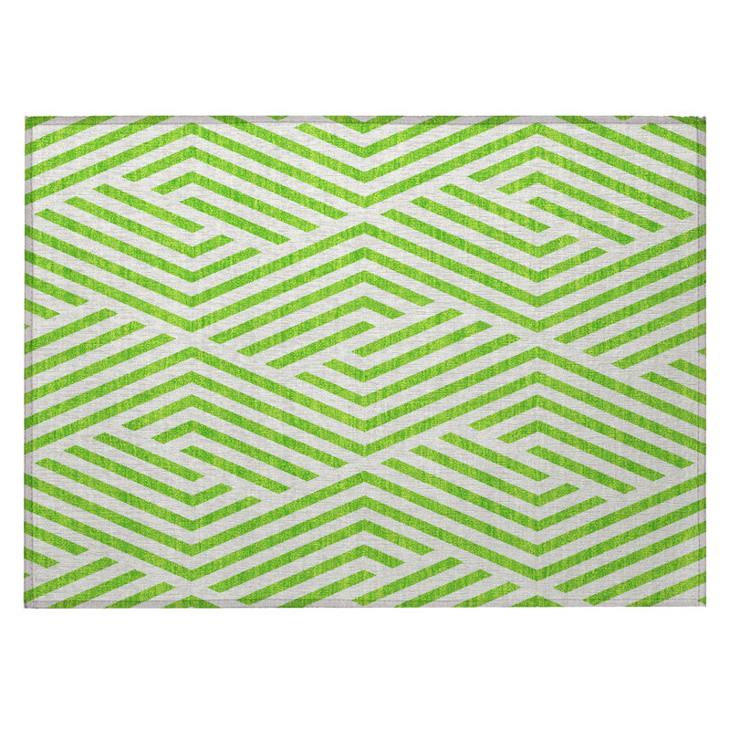 Tapis extérieur lavable antidérapant géométrique vert lime et blanc 2 pi x 3 pi
