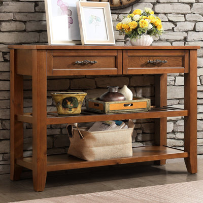Buffet en bois massif brun style milieu du siècle avec grand espace de rangement pour entrée et couloir, console de 107 cm (42 pouces) de long, 2 étagères et tiroirs, décoration design pour chambre