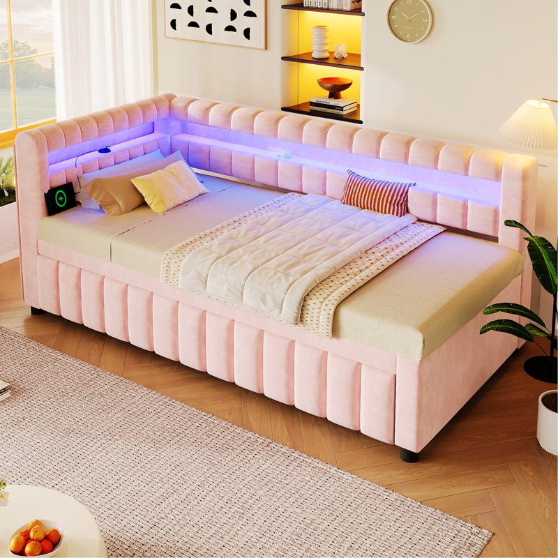 Lit de jour rembourré avec éclairage DEL, port USB et lit gigogne pour chambre à coucher ou chambre d'amis