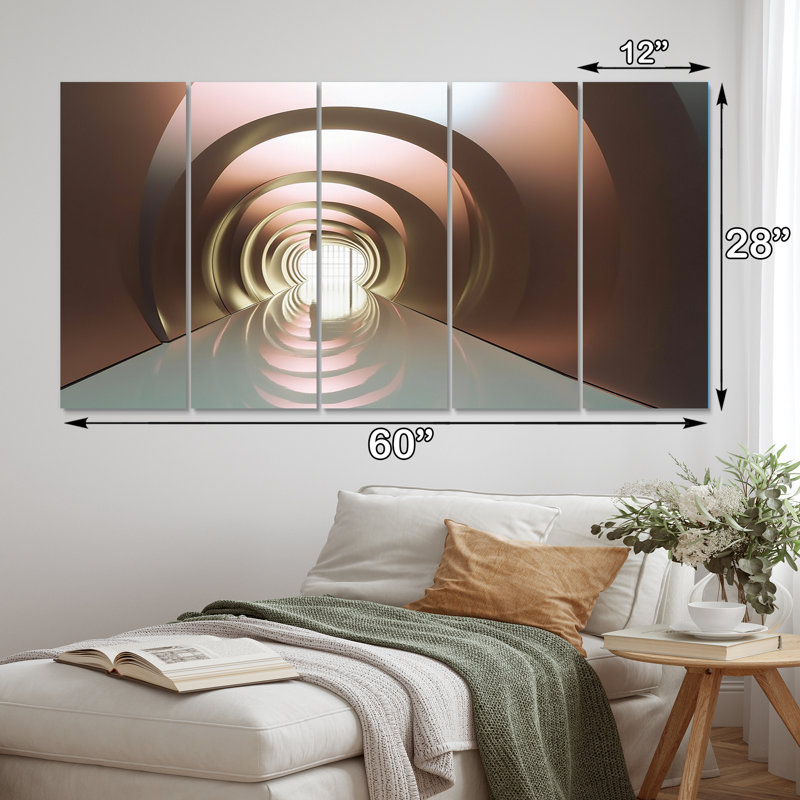 Futur minimaliste, architecture rose rétro, art mural toile futuriste, 5 panneaux égaux