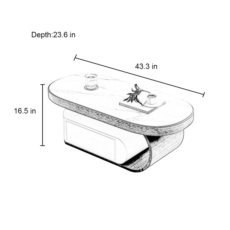 Modern simple oval shaped coffee table, White/Dark Walnut, Walnut/White, 16.5" H x 43.3" L x 23.6" W