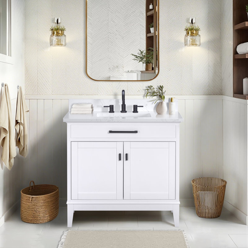Meuble-lavabo simple 36 po avec plateau Anglet, Blanc de Carrare, Tabac
