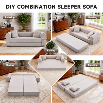 Boneless 78.5" Faux Leather Couch Convertible Sofa Bed, 3-in-1 Corduroy Folding Pull Out Couch with Pillows, No Assembly Modern Boneless Couch Compression Sofa in Box, Floor Sofa with Side Storage Pocket for Living Room