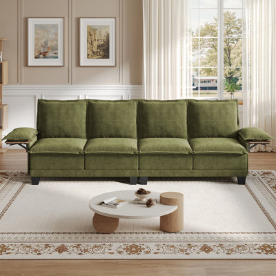 122" Waterproof Chenille Sofa with Collapsible Table, 4-Seat Sectional Upholstered Couch with Two Throw Pillows for Living Room, Apartment