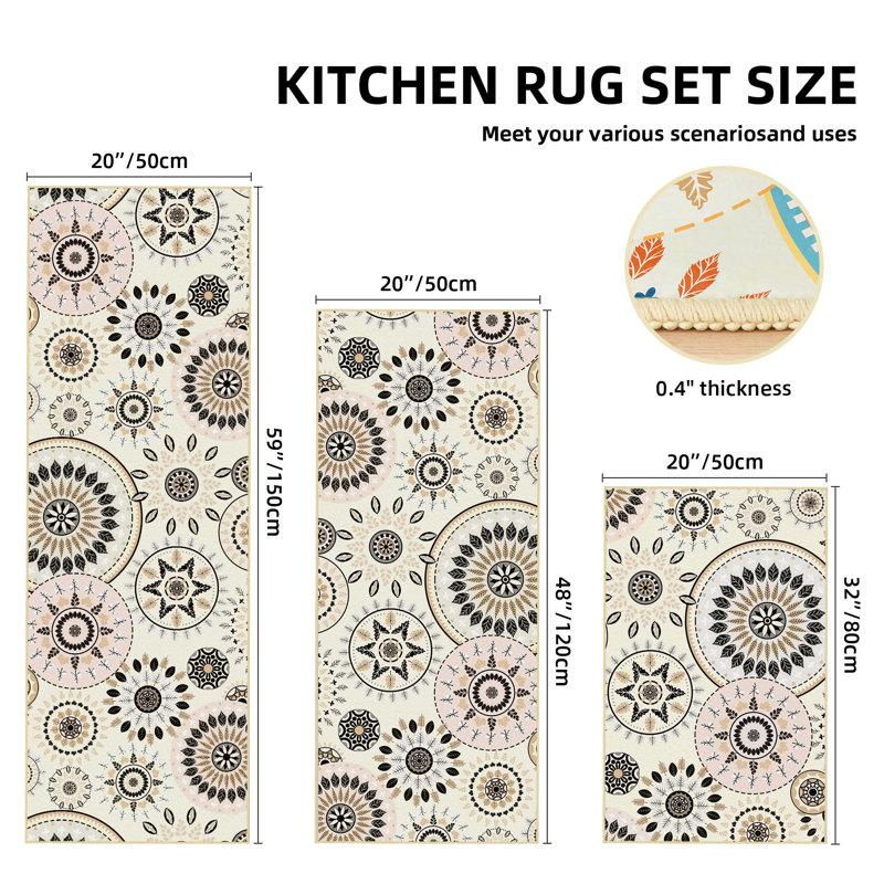 Boho Kitchen Rugs Non-Slip Washable Farmhouse Kitchen Mat 3 Piece Set, Beige