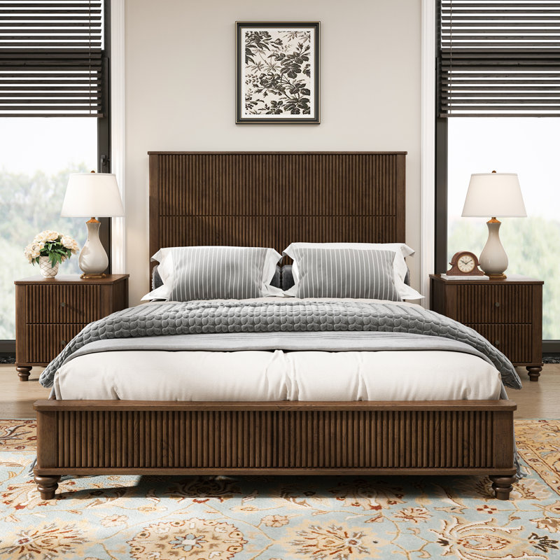 Ensemble de chambre à coucher 3 pièces avec un grand lit et 2 tables de chevet, Brun