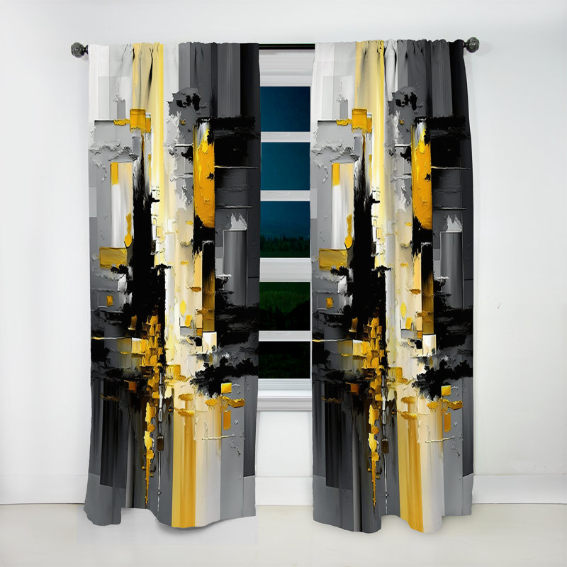 Abstract Geometric Black And Yellow V - Modern Curtain - Velvet Room Darkening - 1 panel, 52" W x 95" L