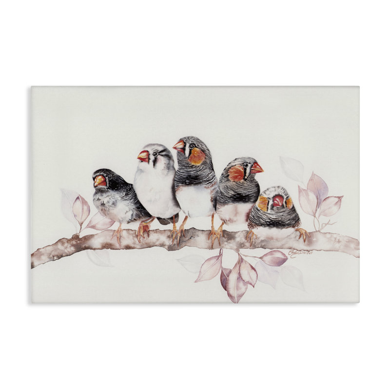 Cinq oiseaux sur une toile, par Cady, H 20 po x l 30 po