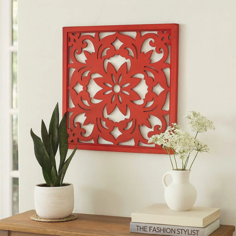 Plaque murale carrée en bois à motif floral, rouge