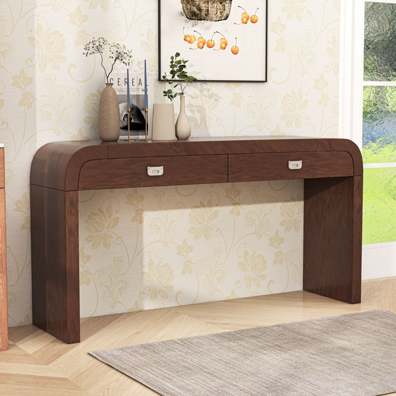 Console avec 2 tiroirs, poignées en métal et pieds robustes, Marron foncé