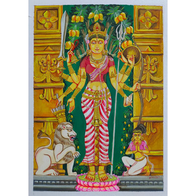 Ashta Bhuja Goddess Durga With Devotee | Gouache On Paper | By Siddhant Thapan