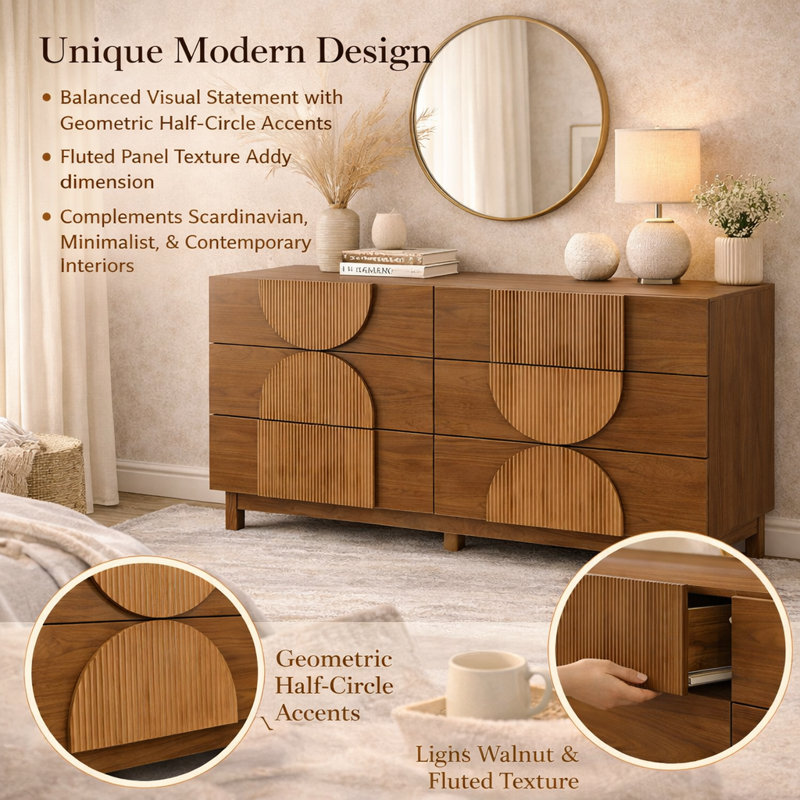 60"W 6 - Drawer Dresser, Brown