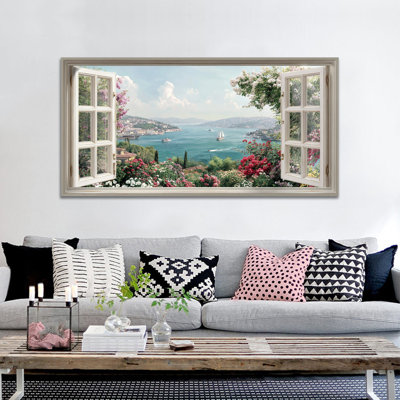  Spring Canvas Wall Art, Floral Pictures Nature Wall Decor, Faux Window Landscape Art Poster Painting for Living Room Bedroom Office, Large Spring Prints Forest Flower Artwork Ready to Hang, 24" × 48"