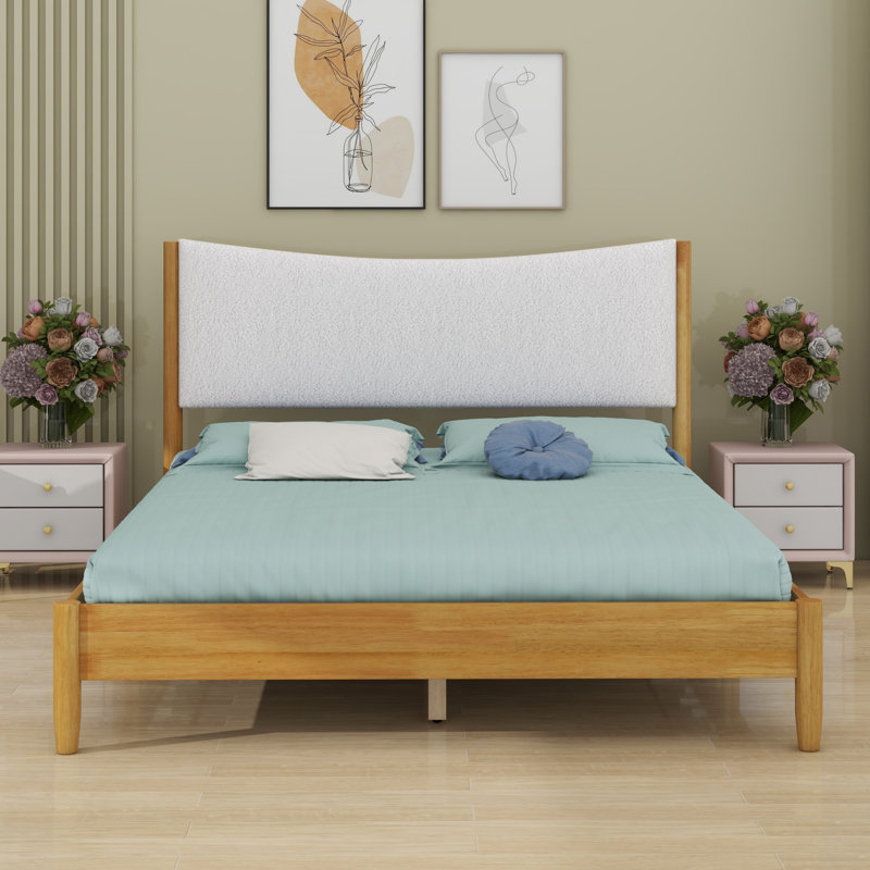 Solid Wooden Bed With  Upholstered Headboard