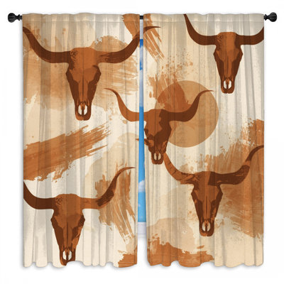 Longhorn Skull Art Window Curtains Cattle Sheer & Room Darkening - 2 Panels