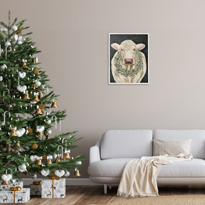 Vache avec couronne de vacances, estampe numérique encadrée noire par Sara G Designs