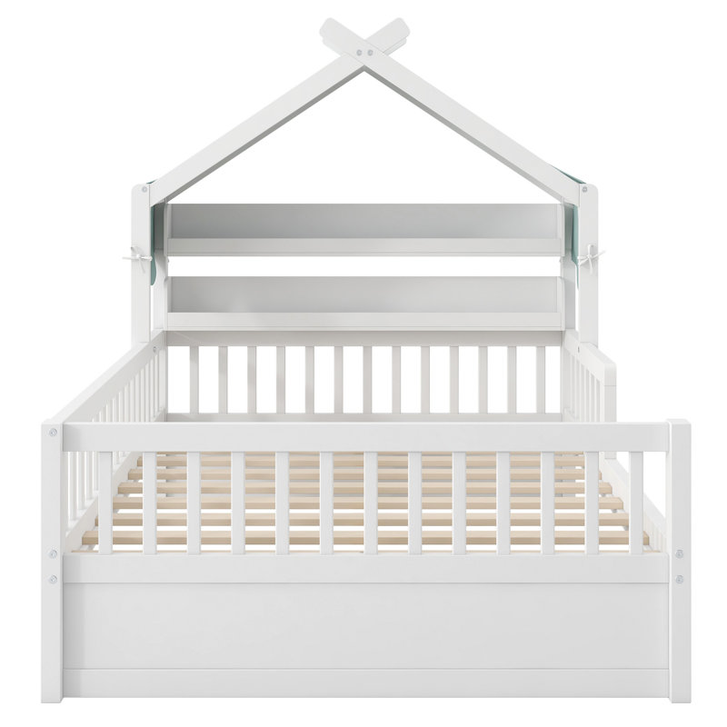 Lit simple en bois avec tête de lit et tablette de rangement, blanc, Twin, White