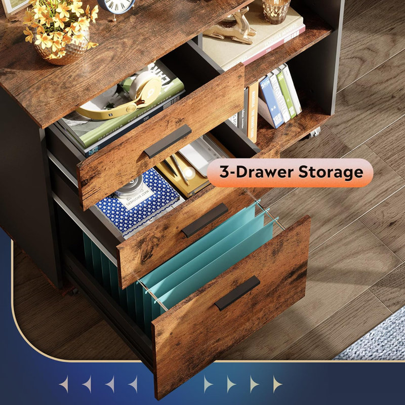 3-Drawer Wood File Cabinet, Mobile Lateral Filing Cabinet, Printer Stand With Open Storage Shelves For Home Office