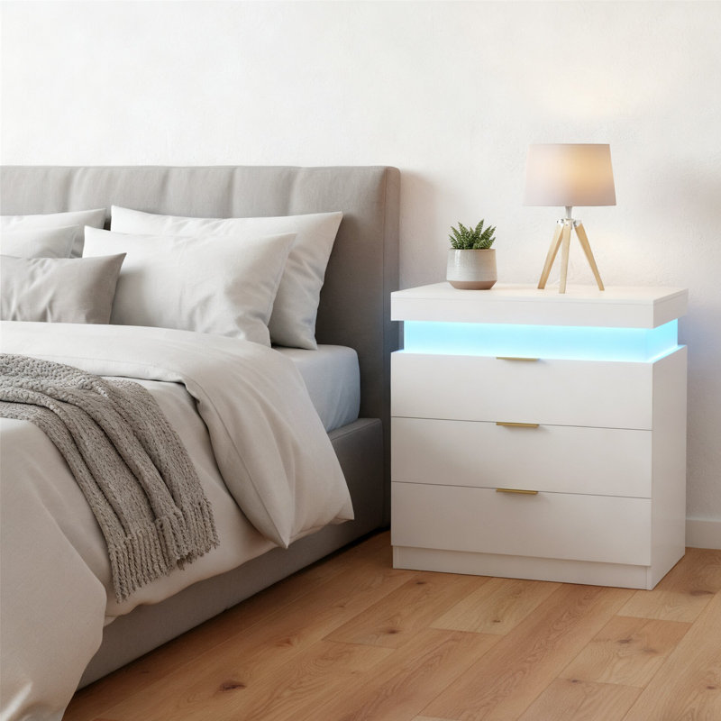 Table de chevet de style moderne avec station de charge et lumières DEL avec tiroirs pour la chambre à coucher, Blanc