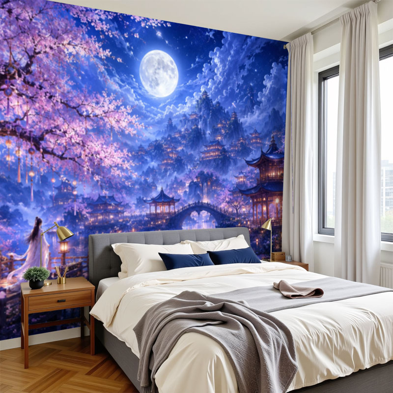 Papier peint adhésif pelez et collez, ville de fantaisie, pagodes, paysage de rivière réfléchissant, art mural auto-adhésif et amovible