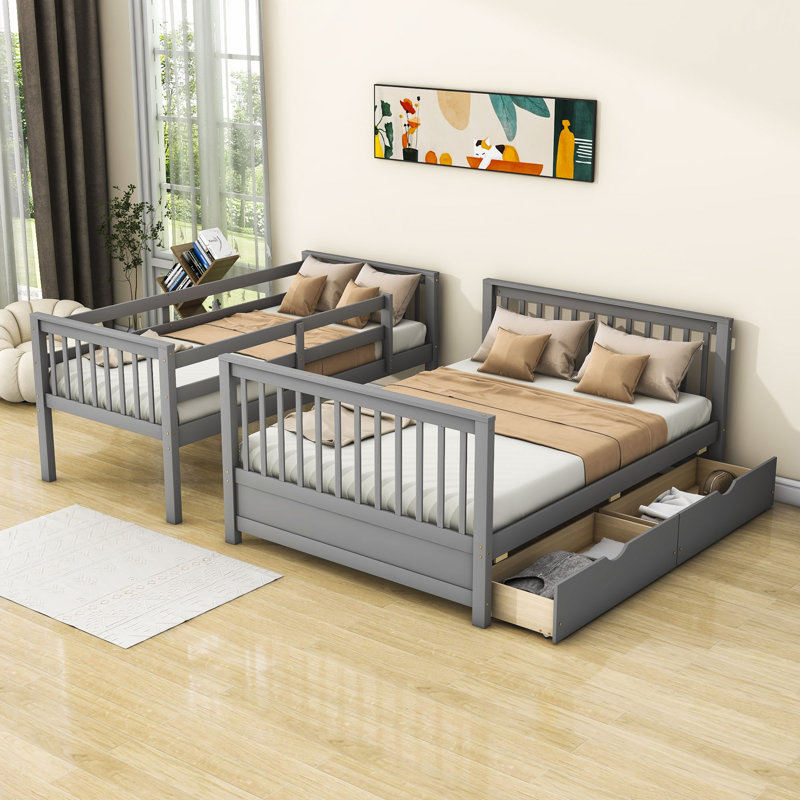 Gherghi Kids Twin Over Full Bunk Bed with Drawers, Gray