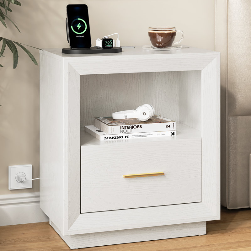 Table de chevet avec 2 prises CA, 1 port USB et 1 port de type C, Blanc 1 PCS