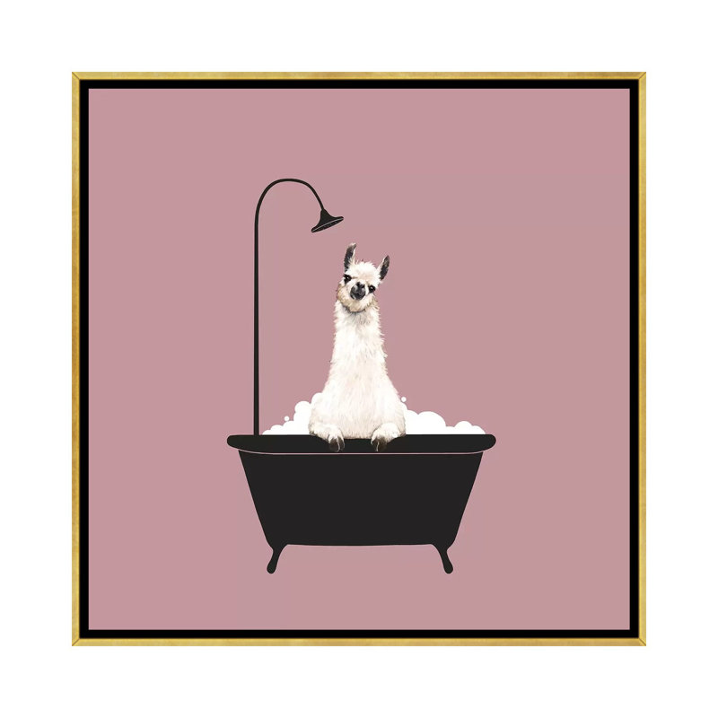 Lama dans une baignoire, H 37 po x l 37 po x P 1,5 po, Toile encadrée d'or
