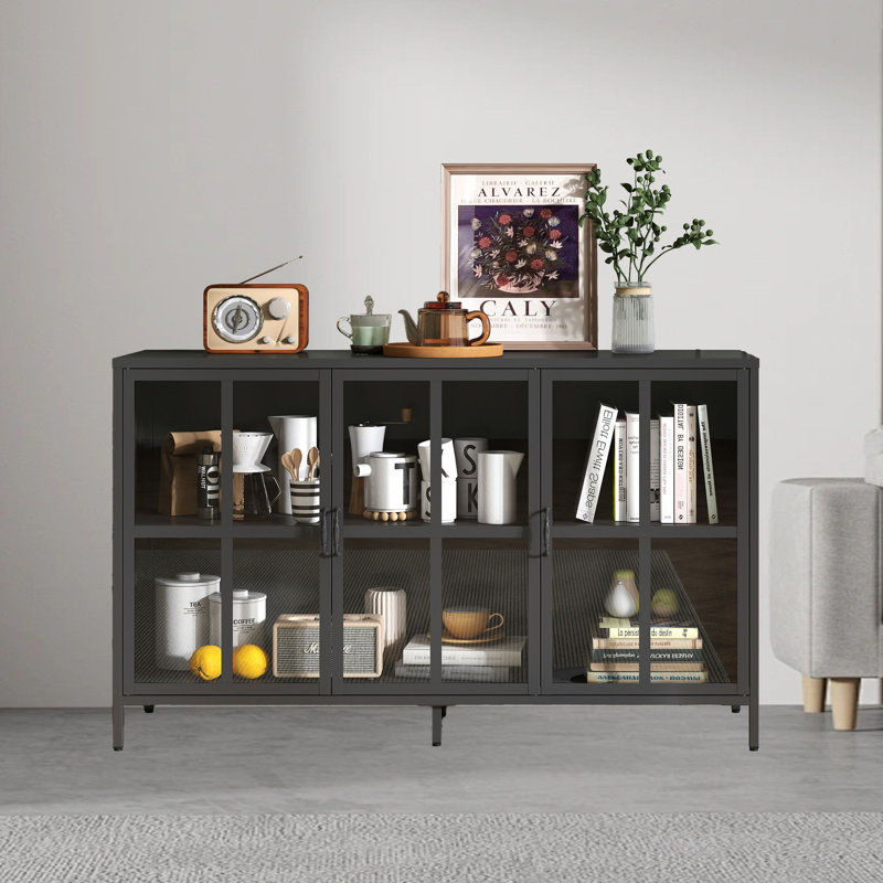 55.1'' Sideboard Buffet Table Dining Cabinet With Tempered Glass Doors Office Credenza, Black
