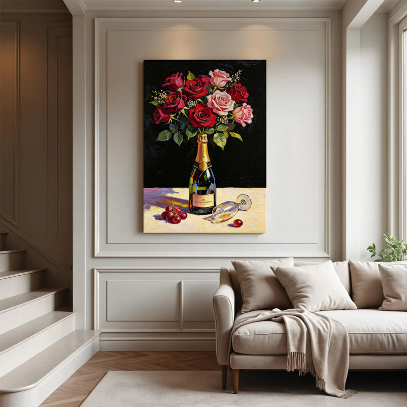 Tableau impressionniste sur toile « Bouquet de vigne et vin », 61 x 91 cm, monté sur châssis, décoration murale vin rouge et or pour salle à manger, bar et salon