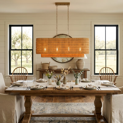 4 - Light 36"W Modern Farmhouse Linear Pendant with Hand-Woven Rattan Shade for Kitchen Island