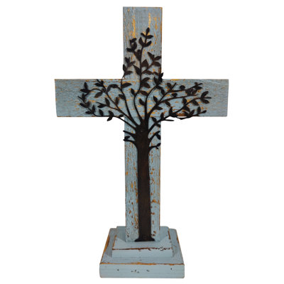 Destyn Metal Tree on Distressed Wood Standing Cross