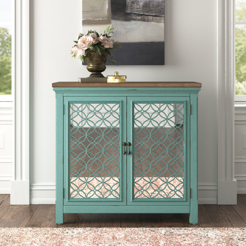 Zavier Mirrored Solid and Manufactured Wood Accent Cabinet, Brown/Turquoise, 36.5" H x 38" W x 17" D