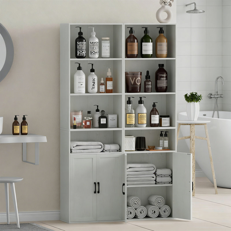 Embossed White Tall Bathroom Floor Cabinet With Wide 4-Tier Shelf