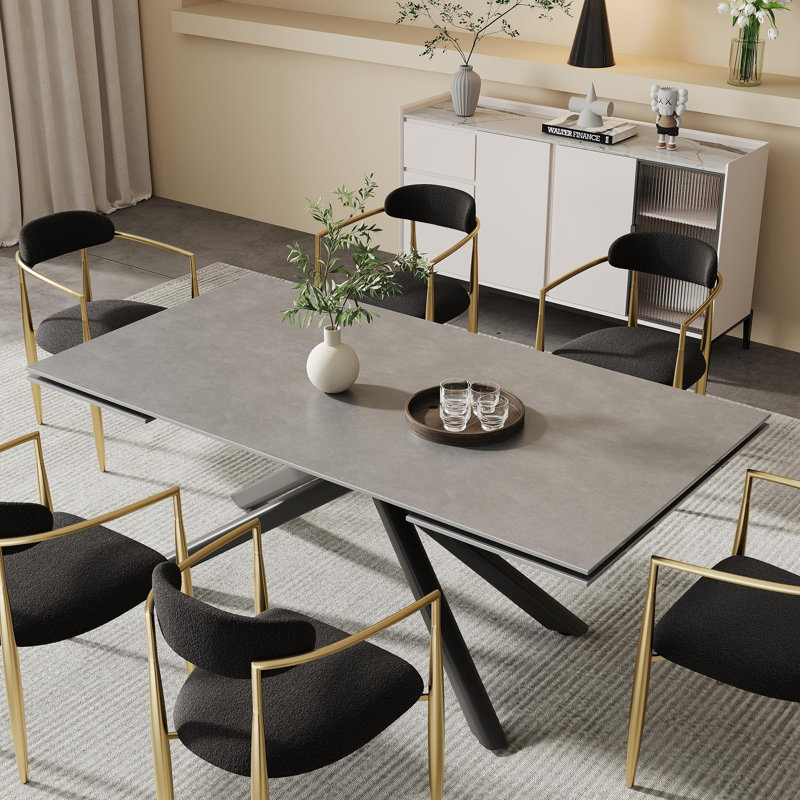 Ensemble de salle à manger rectangulaire avec chaises en tissu 70,8 "à 102,3" Louina, Noir / or, Gris, 9