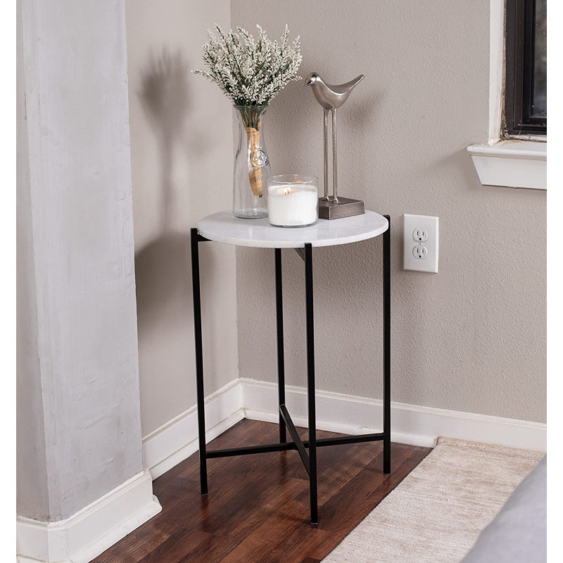 Round Marble Top Folding Side Table with Black Metal Legs
