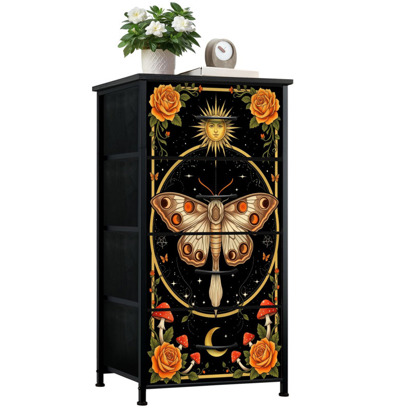 Commode pour chambre à coucher avec 4 tiroirs de rangement Papillon orange Boho Rétro fleurs florales Esthétique champignon rétro Commode commode en acier avec cadre en tissu pour vestibule