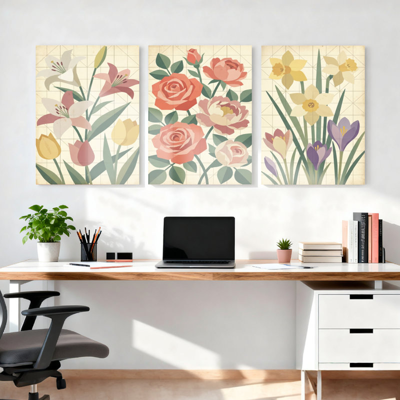Ensemble de 3 tableaux muraux sur toile tendue représentant un jardin floral, pour la décoration du salon et de la chambre.