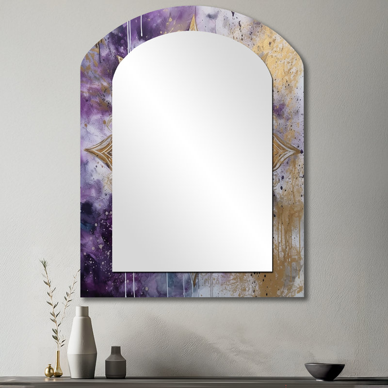 Mauve et doré Mandala I - miroir mural décoratif asymétrique Boho Mandala, grand miroir mauve arqué, impression sur métal