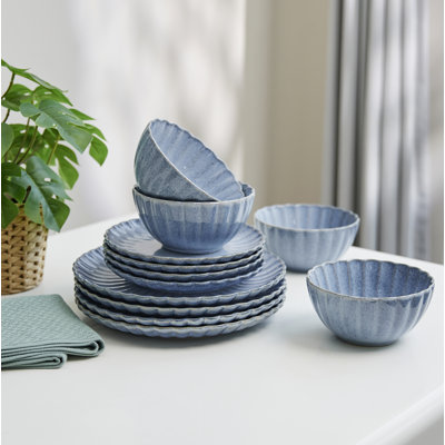 Sango Frill Reactive Stoneware 12 Pc Dinnerware Set - Service for 4