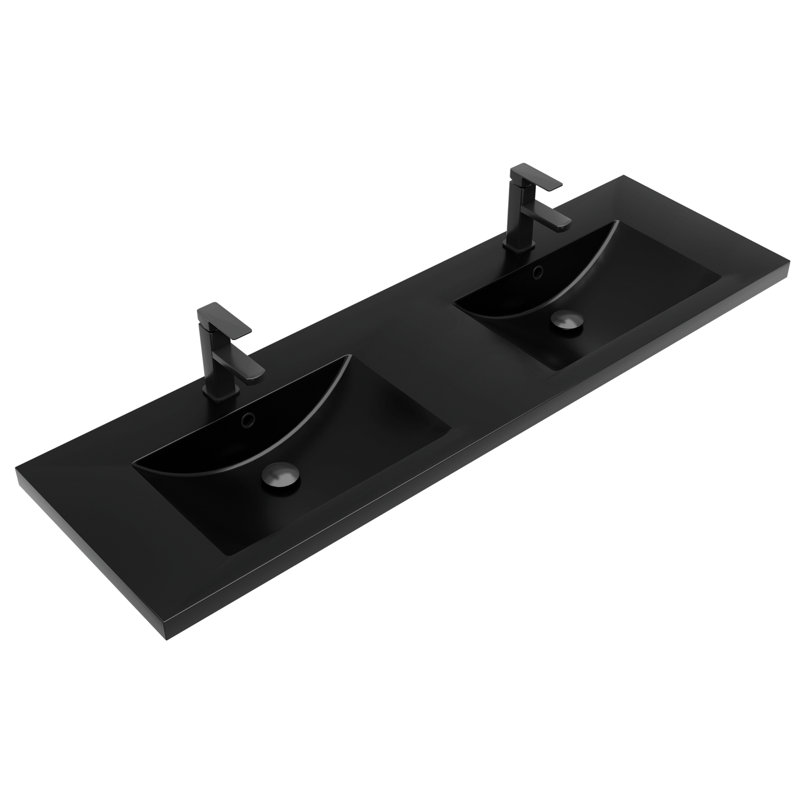 Plateau de meuble-lavabo à double cuve 60 "avec robinet en alliage de zinc et bonde escamotable en laiton massif noir 60"