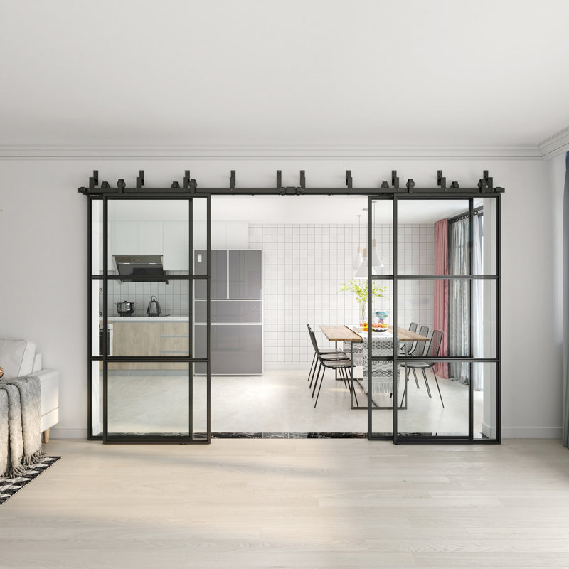 Porte de grange en métal et verre transparent avec trousse d'installation et fermeture en douceur JUBEST, L 144 po x H 84 po