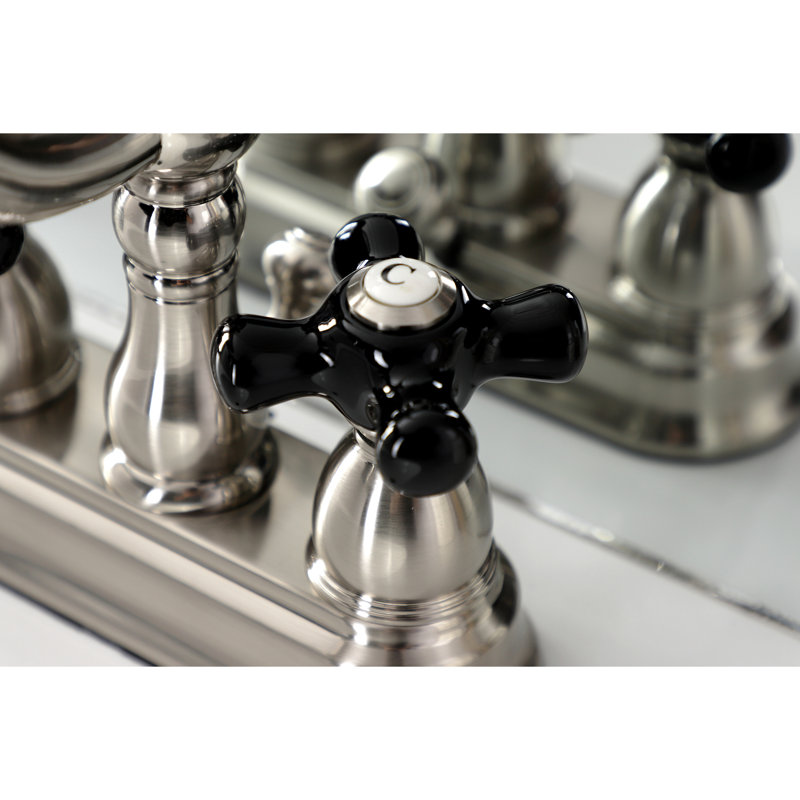 Kingston Brass Duchess Two-Handle 3-Hole Deck Mount 4" Centerset Bathroom Faucet with Plastic Pop-Up, Brushed Nickel