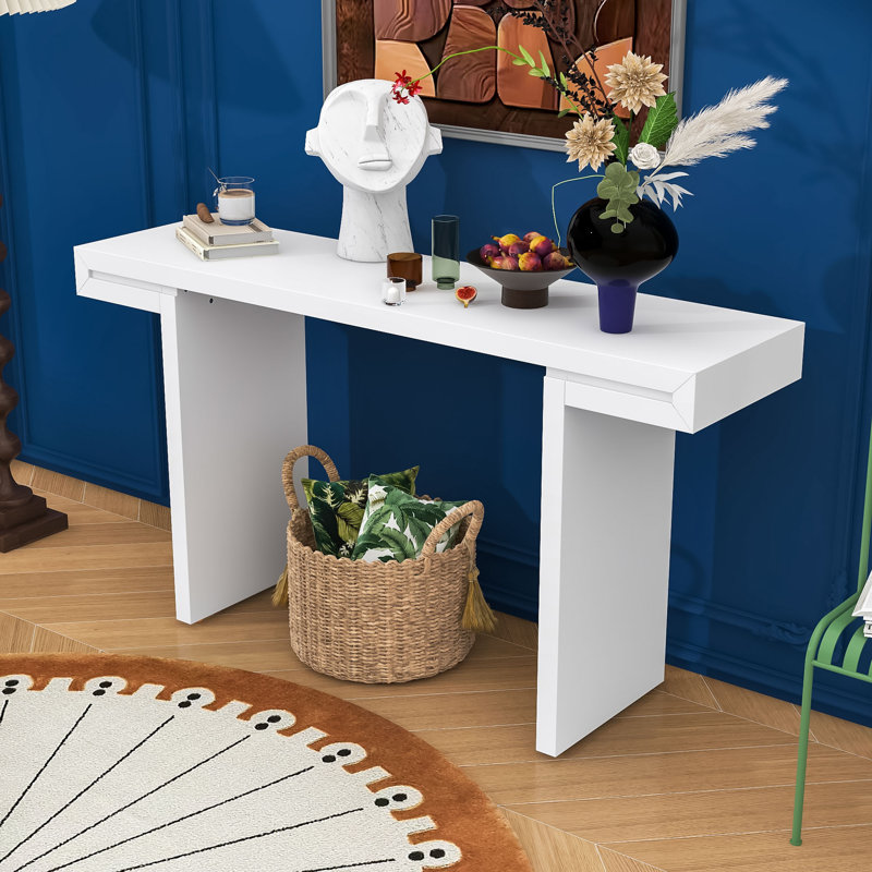 Console géométrique de 60 pouces avec finition peinte et pieds réglables, Blanc